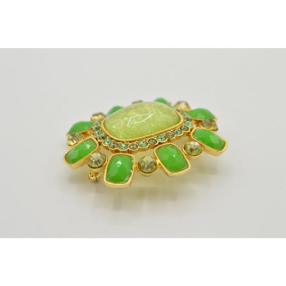 Statement Pin Brooch Multi-Tone Green Rhinestone Jeweled Opaline Gold Tone BinF - Picture 7 of 9